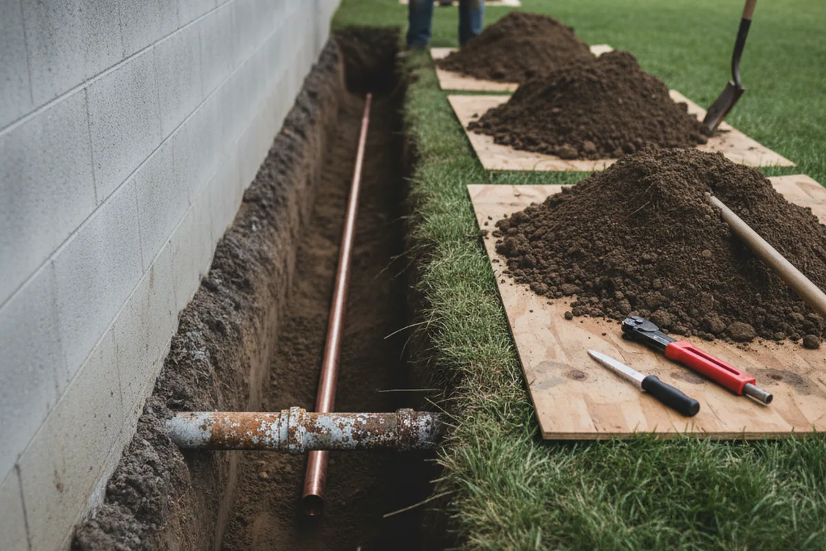 Excavated water line trench during Sewer Line Repair in Hubbardston